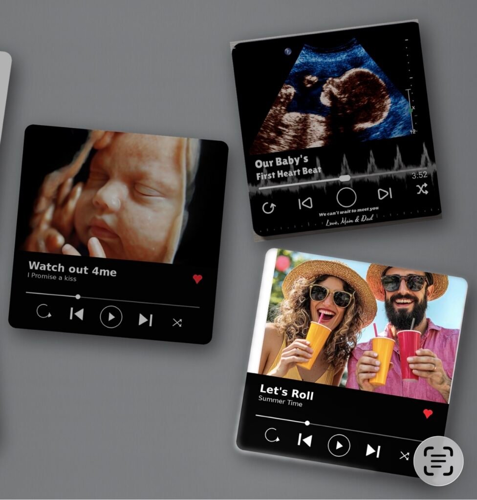 Three custom fridge music magnets showing ultrasound, heartbeat and couple photos