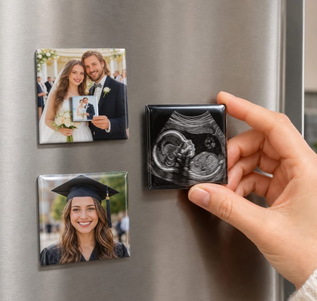Hand placing an ultrasound photo magnet on a stainless fridge beside wedding and graduation photo magnets