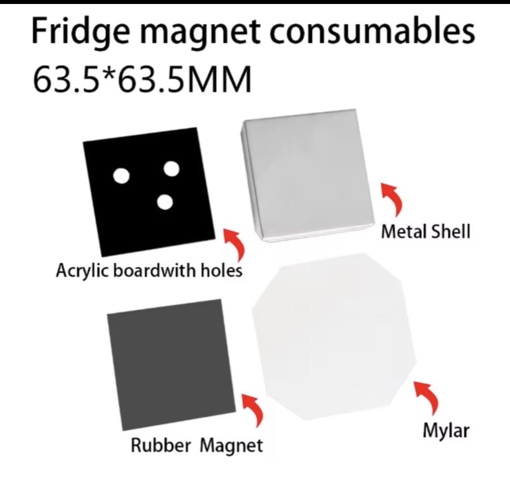 Picture magnet build: acrylic board, metal shell, rubber magnet, and mylar